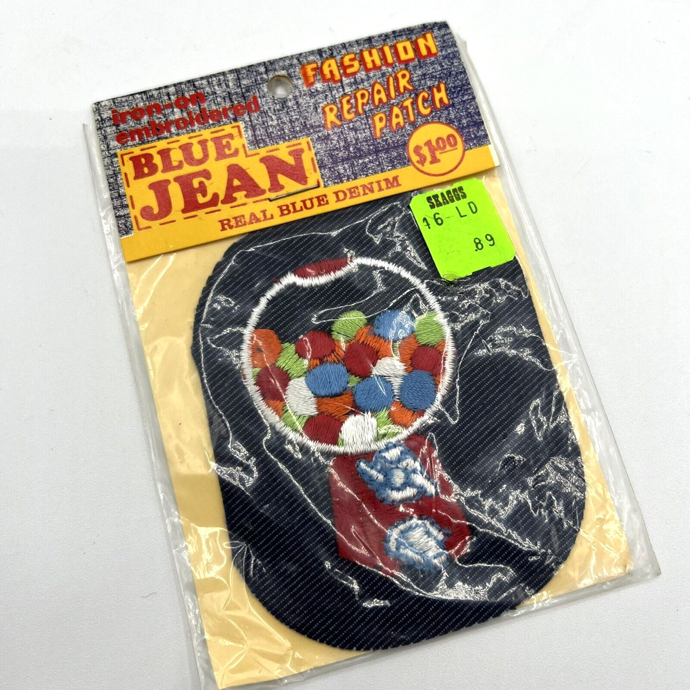 Vintage Denim Blue Jean Repair Patch Iron On Embroidered Bubble Gum Machine NOS